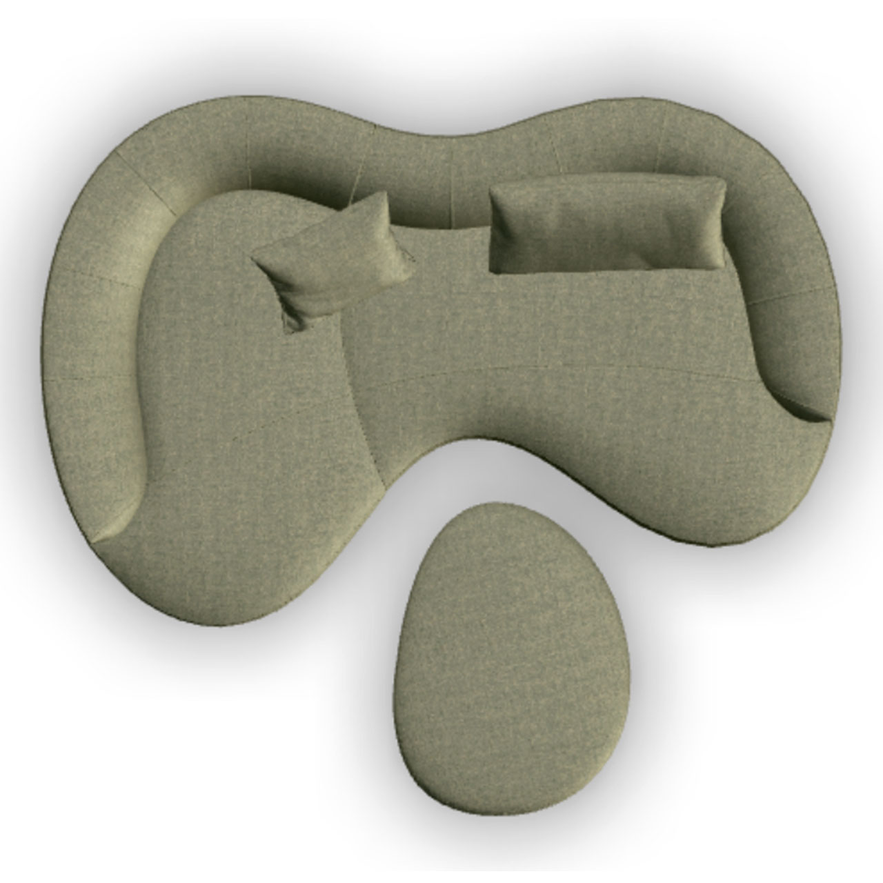 Organisch geformtes Sofa mit passenden Kissen und Hocker von oben