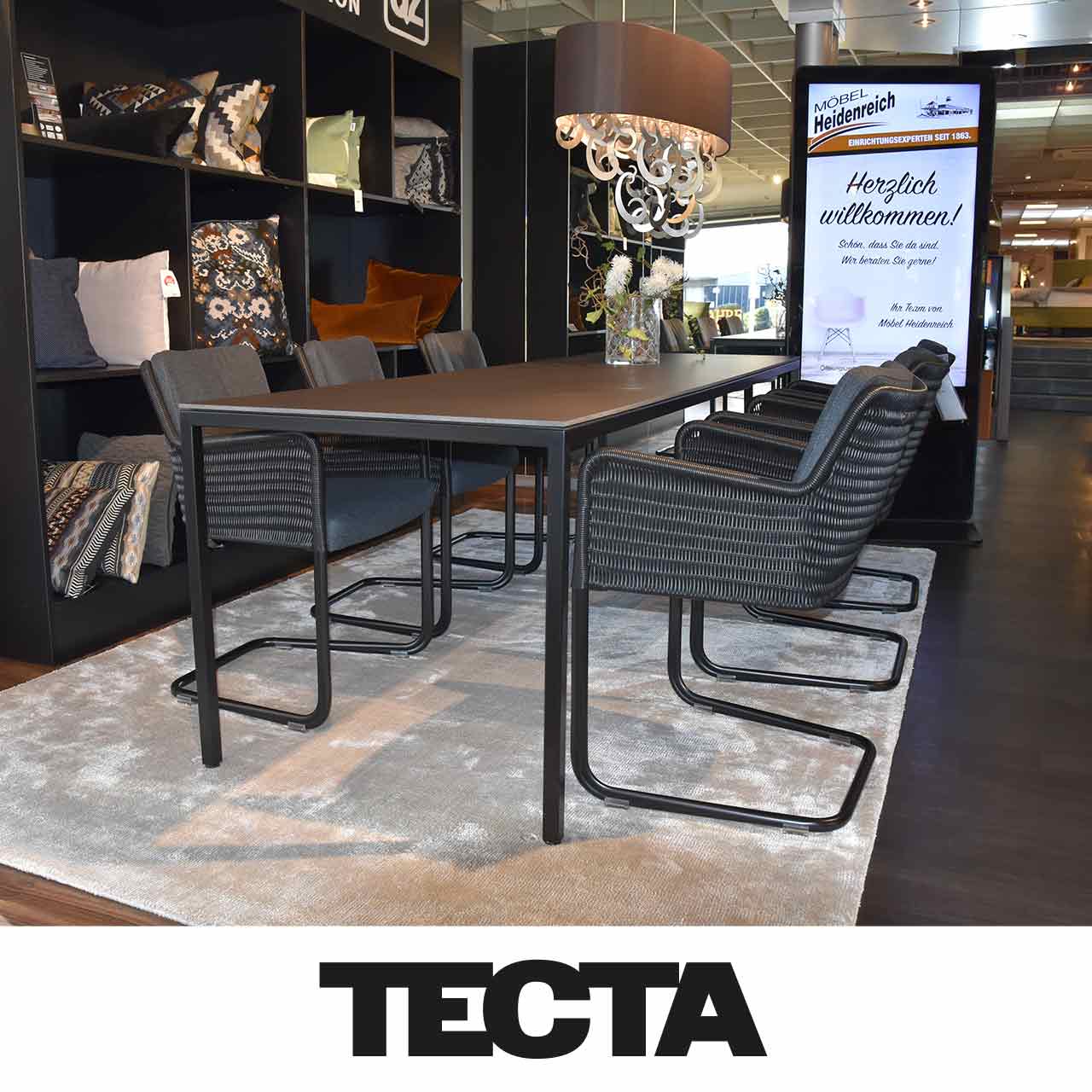 Tecta - Rattan-Essgruppe 7-teilig Essgruppe bestehend aus dunkelgrauem rechteckigem Tisch, an dem sechs dunkle Rattanstühle mit Armlehnen und Freischwinger-Gestell stehen.