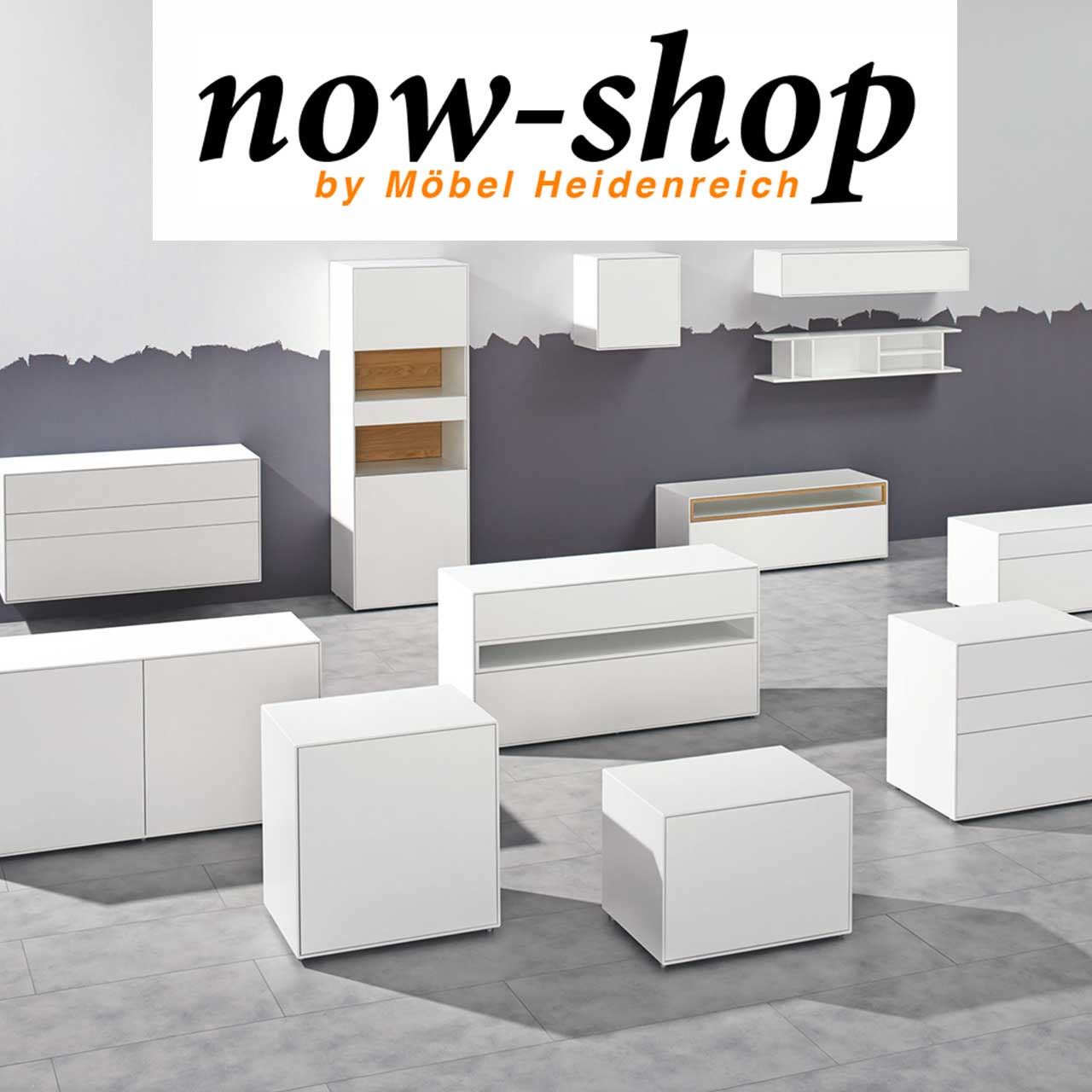 MH_Markenshops_now_Quadratbild Produktinspirationen des now-shops by Möbel Heidenreich in weiß, verschiedene Sideboardvarianten.