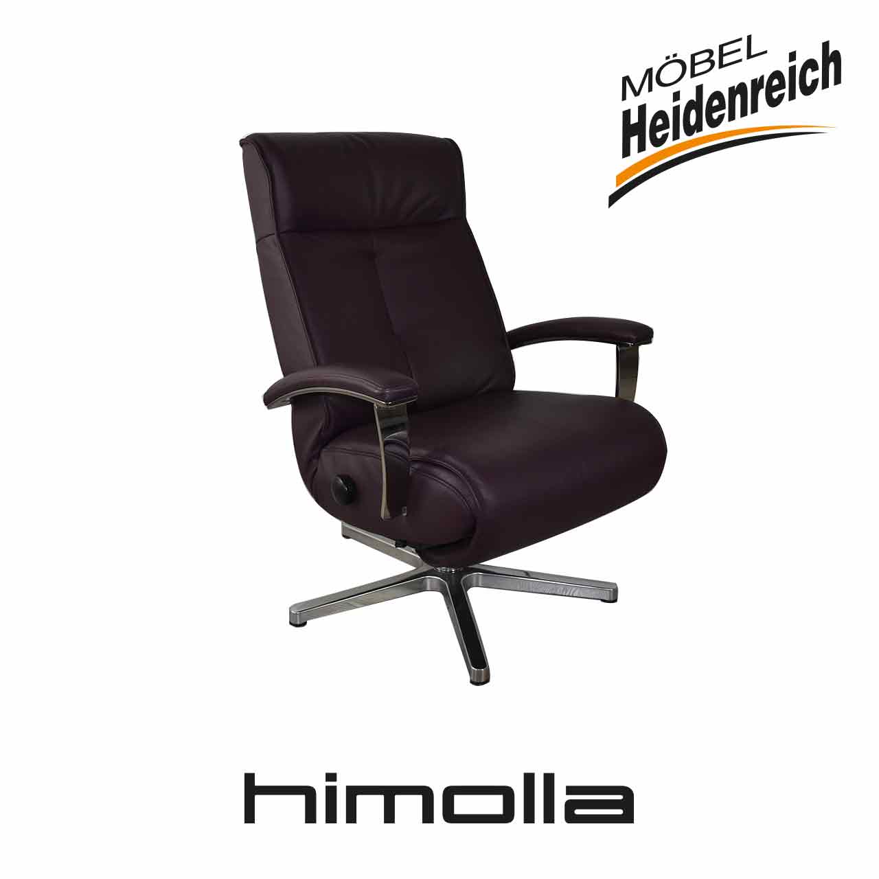 Sessel mit hoher Rücken-Lehne und zwei gepolsterten Armlehnen in dunklem lilafarbigem Leder auf sternförmigem Chrom-glänzenden Fuß. Himolla Fernsehsessel lila Leder - Sitzposition
