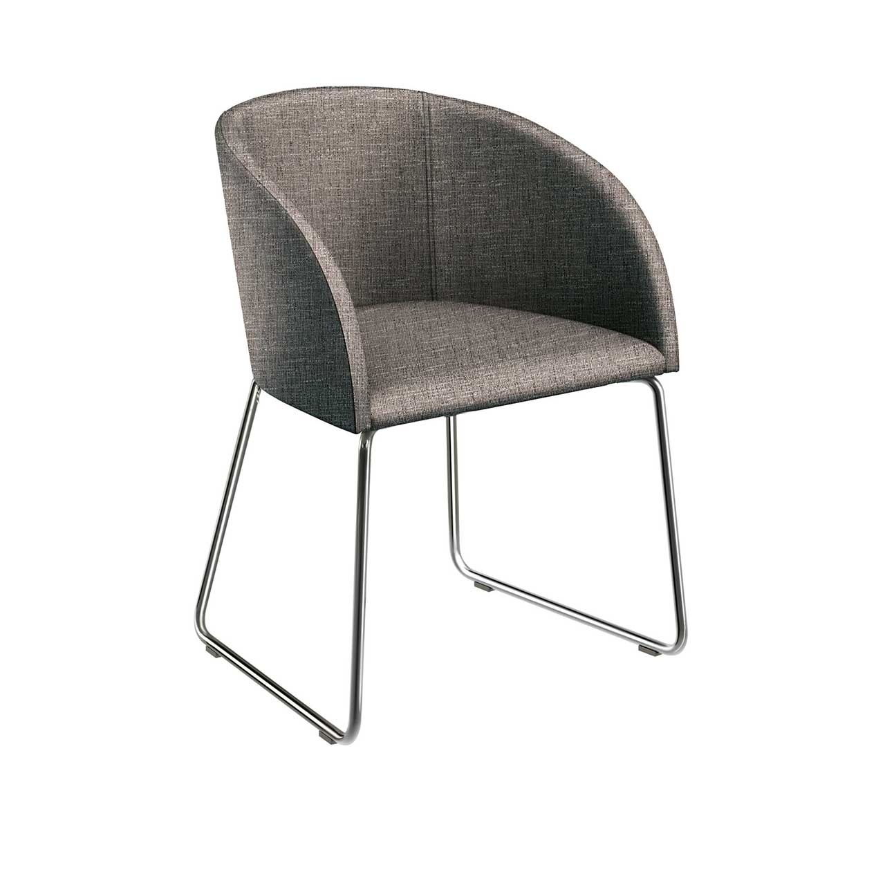 Schalenstuhl mit trapezförmigen hochglänzenden Kufen und Bezug Stoff taupe.