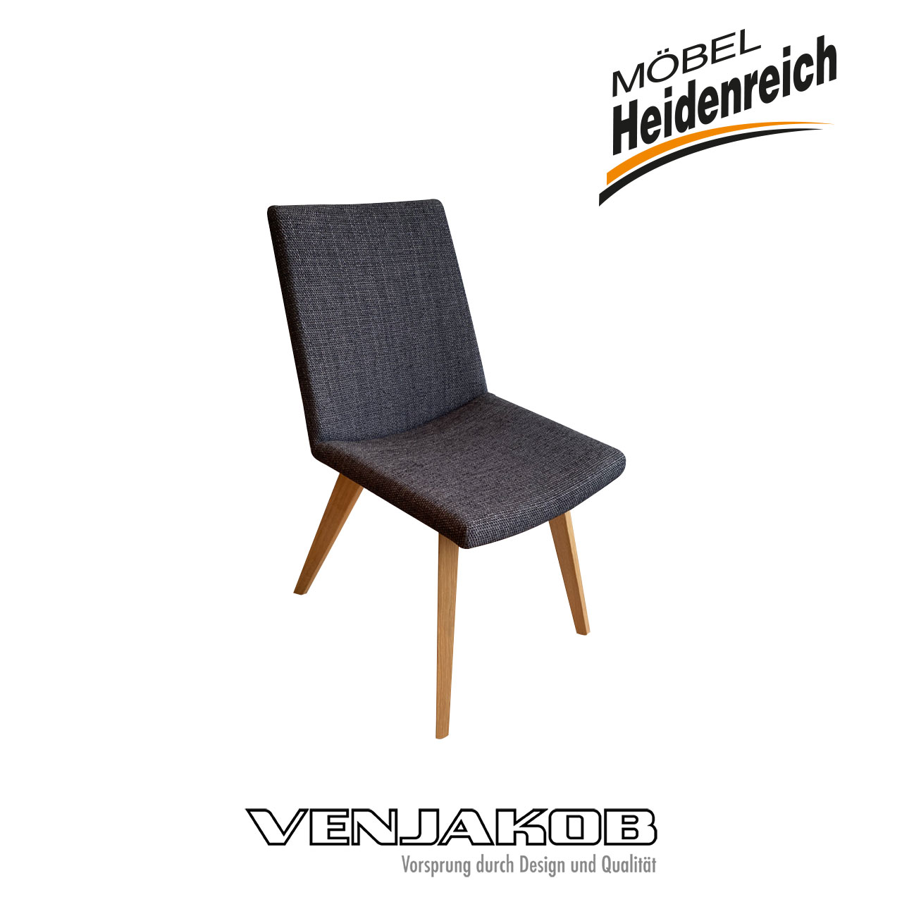 Venjakob - Stuhl Luisa Polsterstuhl mit anthrazitfarbigem Stoff-Bezug und vier Holzbeinen seitlich fotografiert.