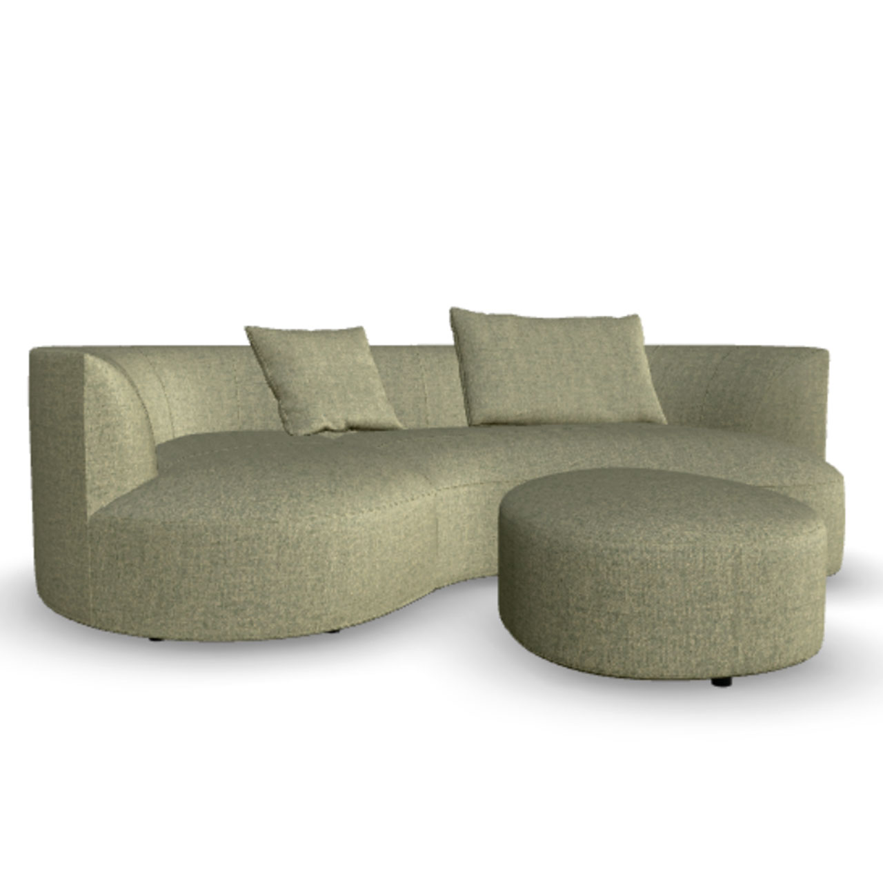 Organisch geformtes Sofa mit passenden Kissen und Hocker von vorne