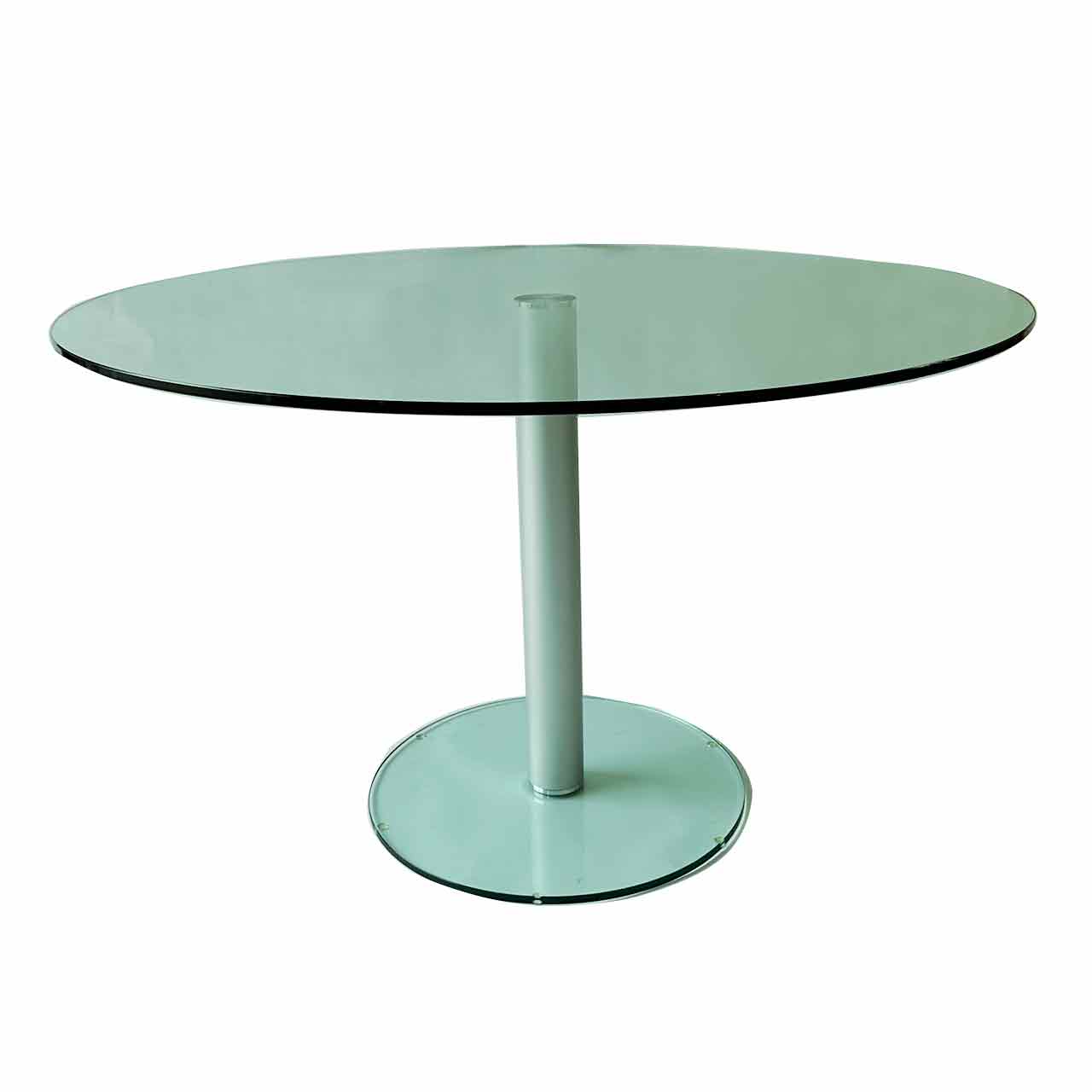 Ronald Schmitt - Esstisch Conran Circle Runder Esstisch mit Glasplatte oben und als Bodenplatte auf Chrom-farbener Säule.