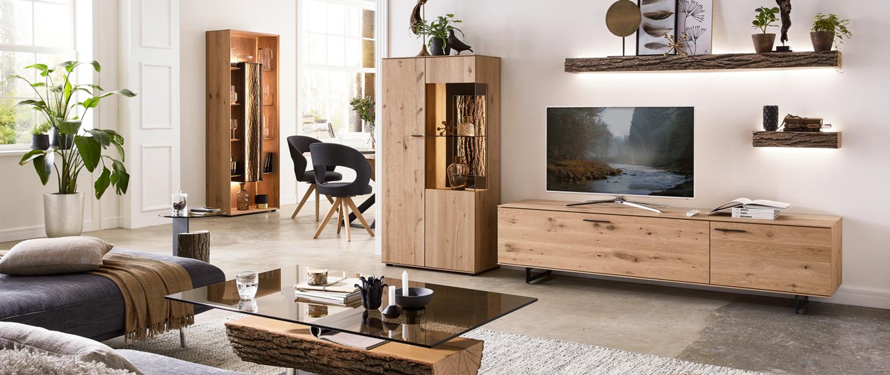 MH_banner_marken_hartmann Ambientebild eines Wohnbereiches mit Produkten der Marke hartmann. Sofa, Couchtisch, TV-Lowboard, Vitrine.