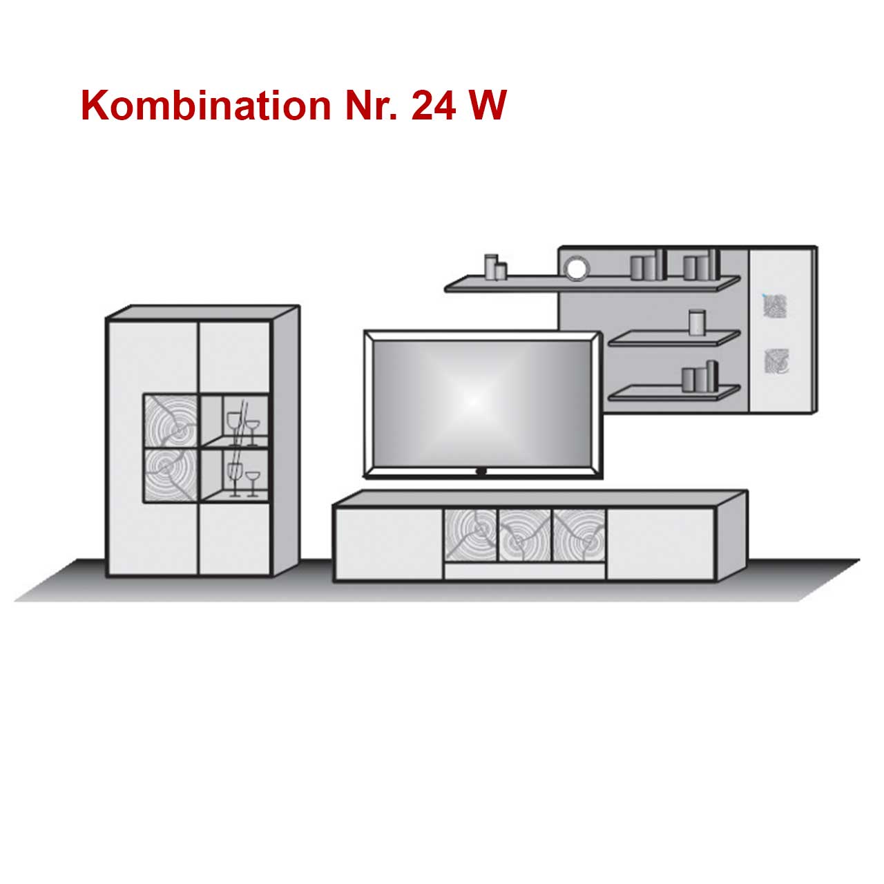 Hartmann CAYA - Wohnkombination 7170 Nr. 24W - Skizze Skizze einer dreiteiligen Wohnkombination aus Holz und Mattglas Fronten bestehend aus Standvitrine und Lowboard mit teils strukturierter Holz-Front und Wandpaneel mit drei Regalböden, inkl. Hinweistext: Kombination Nr. 24W