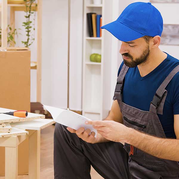 Ein Mann in Arbeitskleidung schaut gerade in die Montageanleitung für Möbel