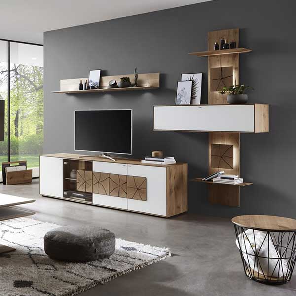 MH_home_Wohnzimmer Wohnwand-Set aus Holz und Weißfronten mit TV-Board, Hängeelementen und Regalen – modern, stilvoll und funktional.