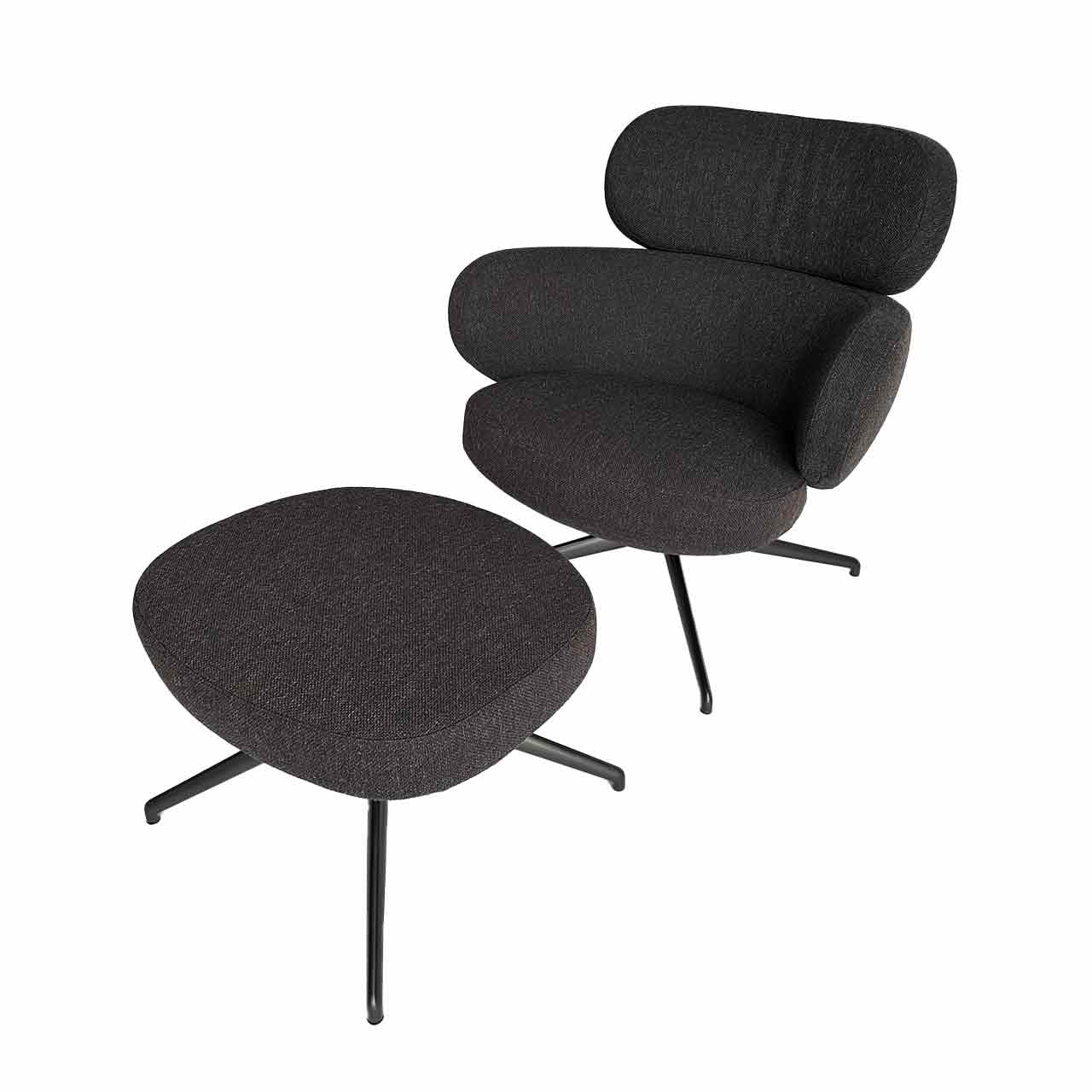 Sessel aus drei Teilen aus grauem Stoff mit passendem Hocker