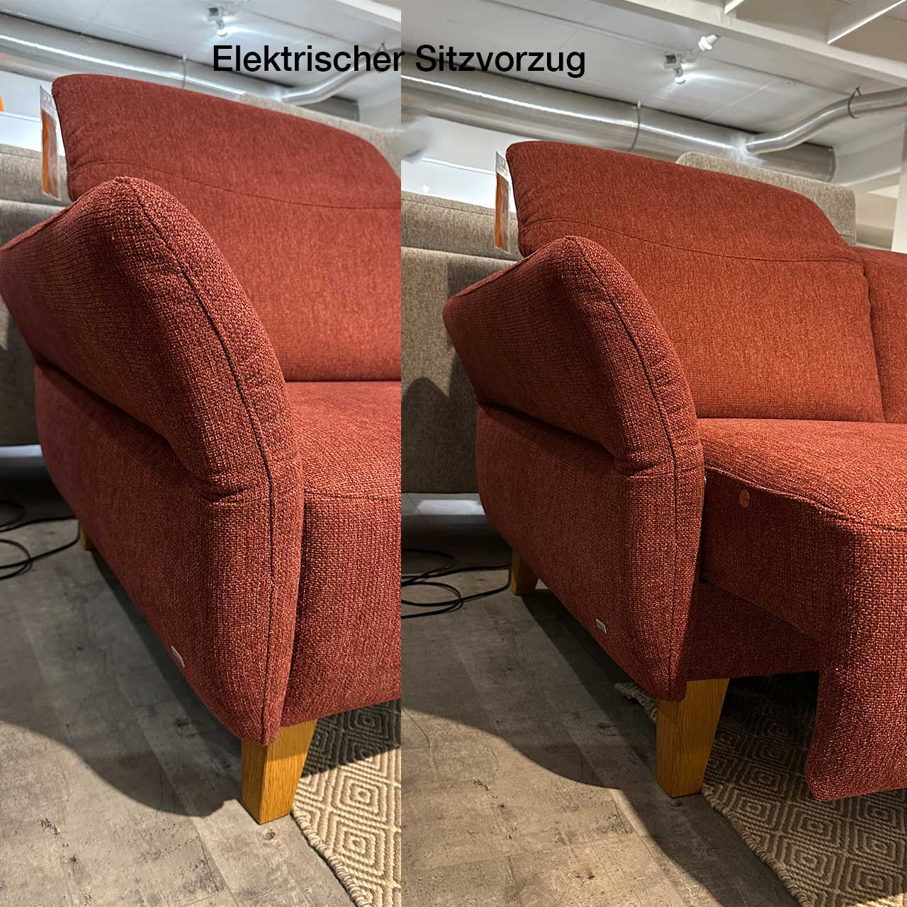 Zweigeteiltes Bild zeigt links Sitztiefe bei eingefahrenem Sitz und rechts Sitztiefe bei ausgefahrenem Sitz.