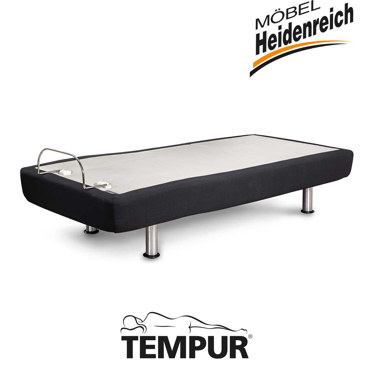 Tempur - Zero G Schlafsystem schwarz Bett-Unterbau mit schwarzem Bezug und Haltebügel für Matratze mit vier Chrom-Füßen.