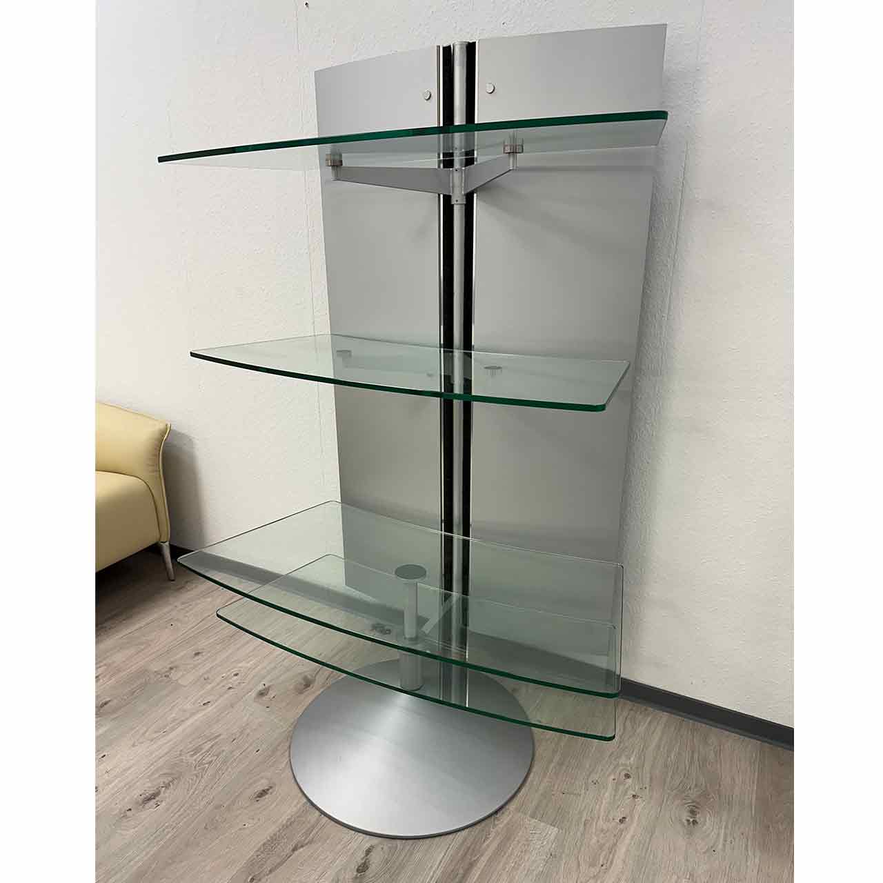 Ronald Schmitt - Hifi- und TV-Regal für RS13 Regal mit silberfarbigem Rücken und daraus hervorragenden vier Glasplatten, zwischen die perfekt Hifi-Geräte und Röhren-TV passen.