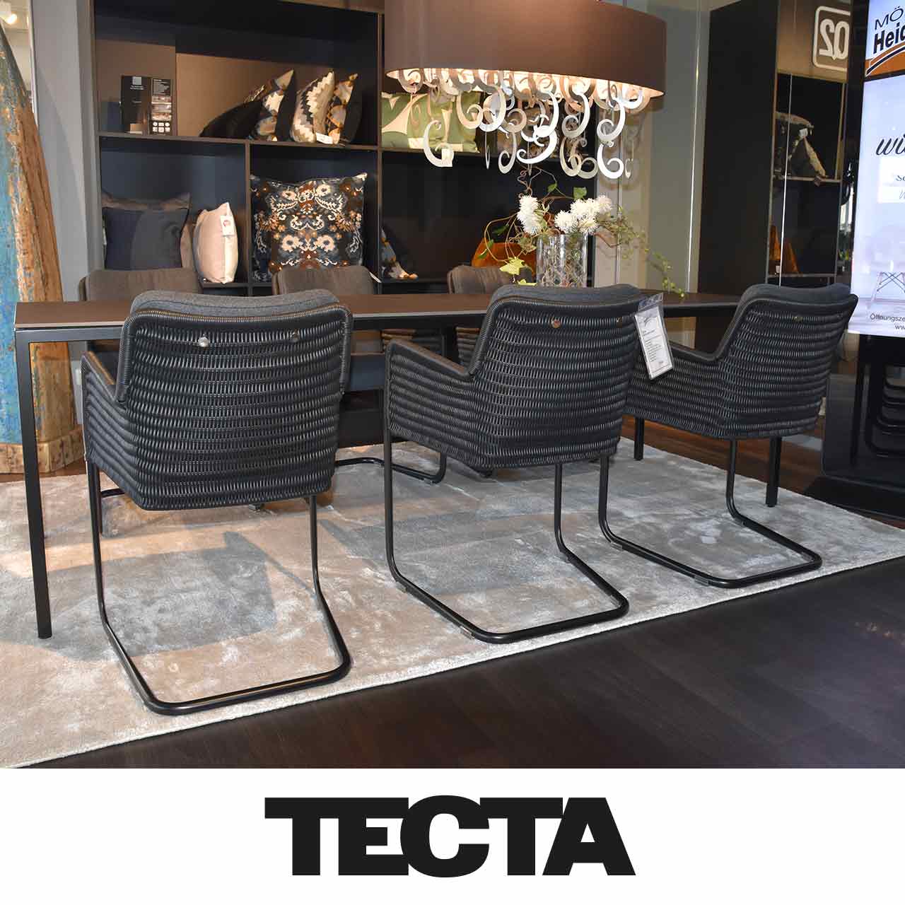 Tecta - Rattan-Essgruppe 7-teilig Rückansicht der Stühle vor dem Tisch.