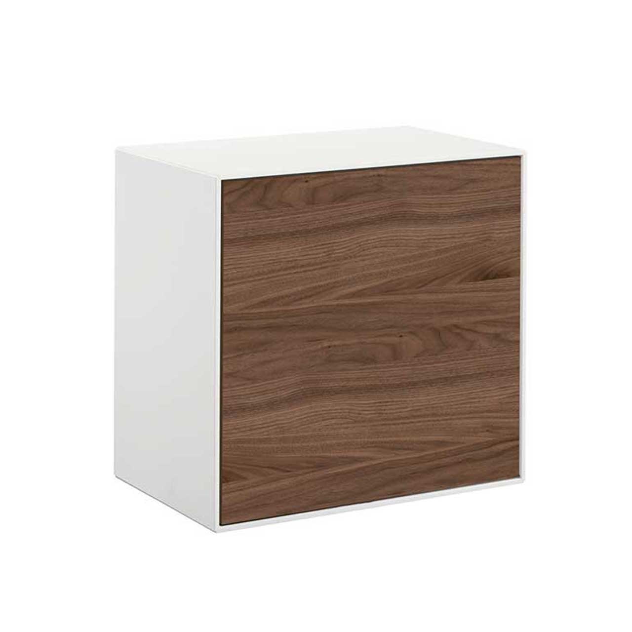 now! by hülsta - easy Hängebox 44501 Weiße Hängebox mit griffloser Tür in dunklem Holz.