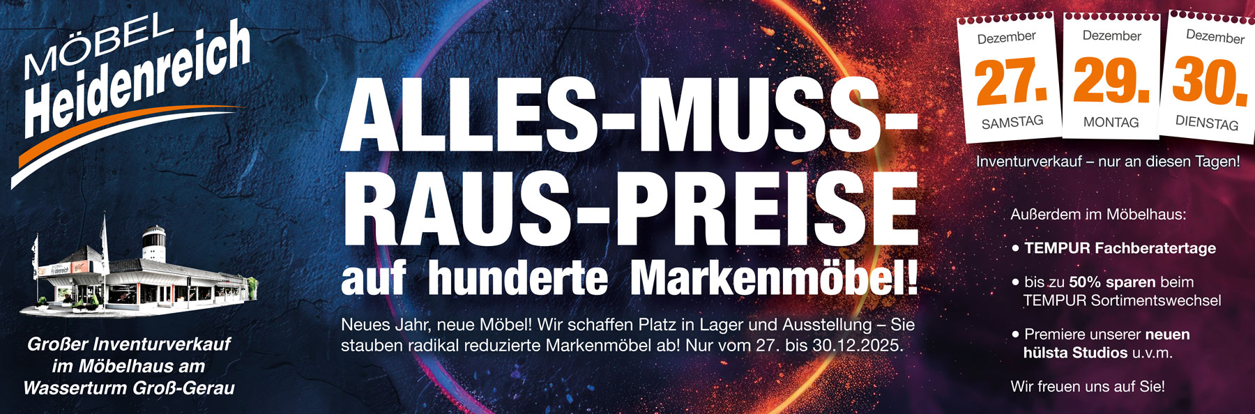 Inventurverkauf vom 27. bis 30.12.2025. Hunderte Markenmöbel radikal reduziert. 