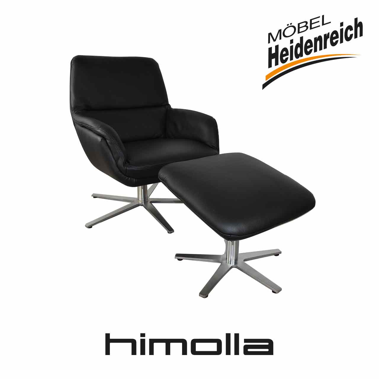 Himolla Sessel schwarz mit Hocker Sessel aus schwarzem glattem Leder mit kurzer Rückenlehne und Armlehnen. Sternförmiger Fuß verchromt. Passender Hocker in gleicher Ausführung davor.
