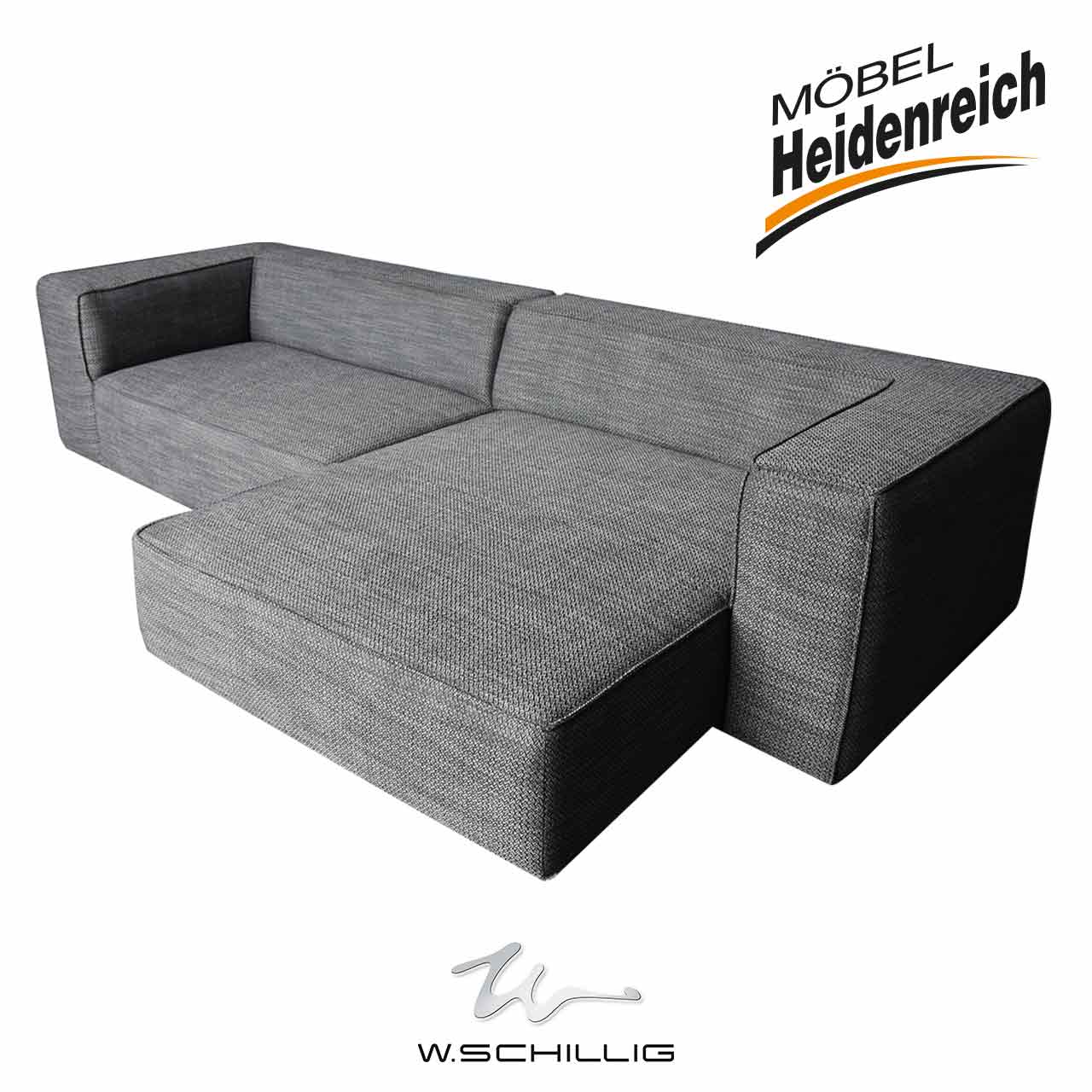W.Schillig - Polsterecke around-the-block Zweisitzer-Sofa aus grauem robusten Stoff. Links ein Sitzelement, rechts ein Longchair zum Liegen. Breite Polster-Armlehnen.