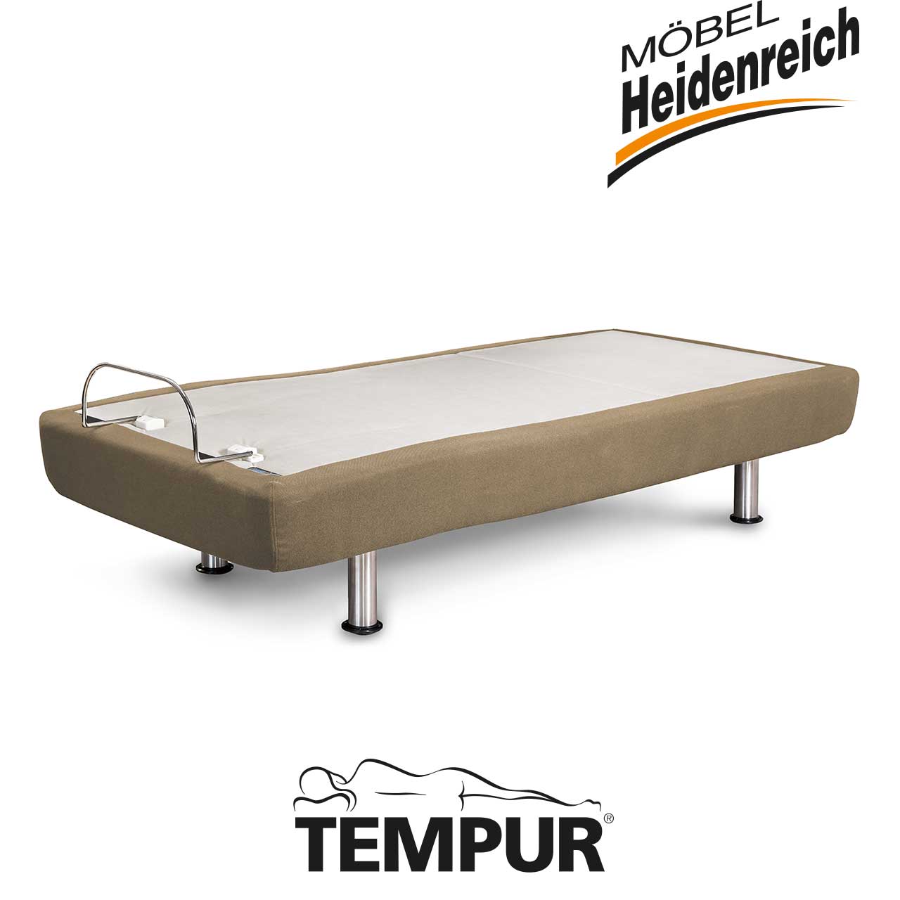 Tempur - Zero G Schlafsystem beige Bett-Unterbau mit beigem Bezug und Haltebügel für Matratze mit vier Chrom-Füßen.