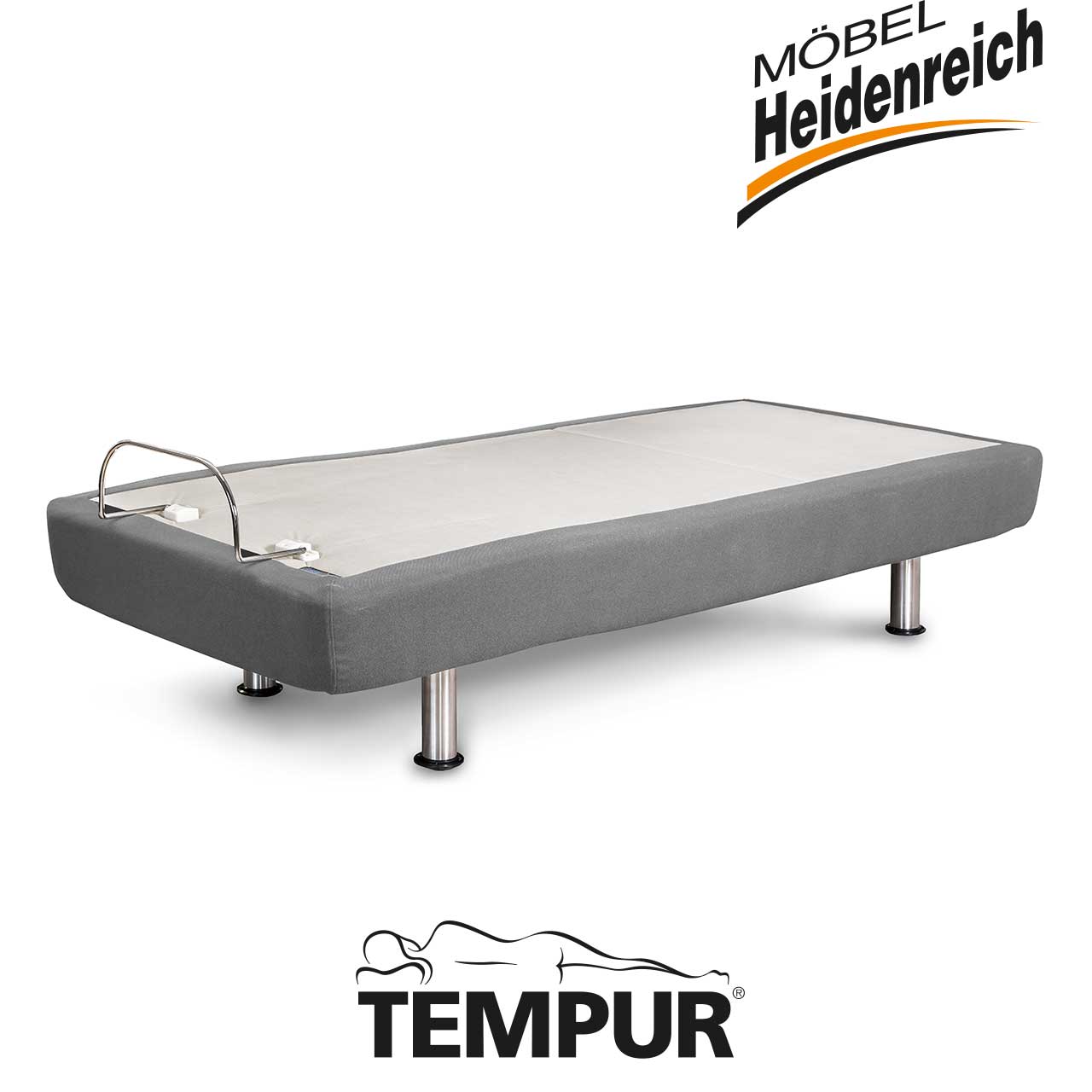 Grauer Bett-Unterbau mit Haltebügel für Matratze mit vier Chrom-Füßen.
