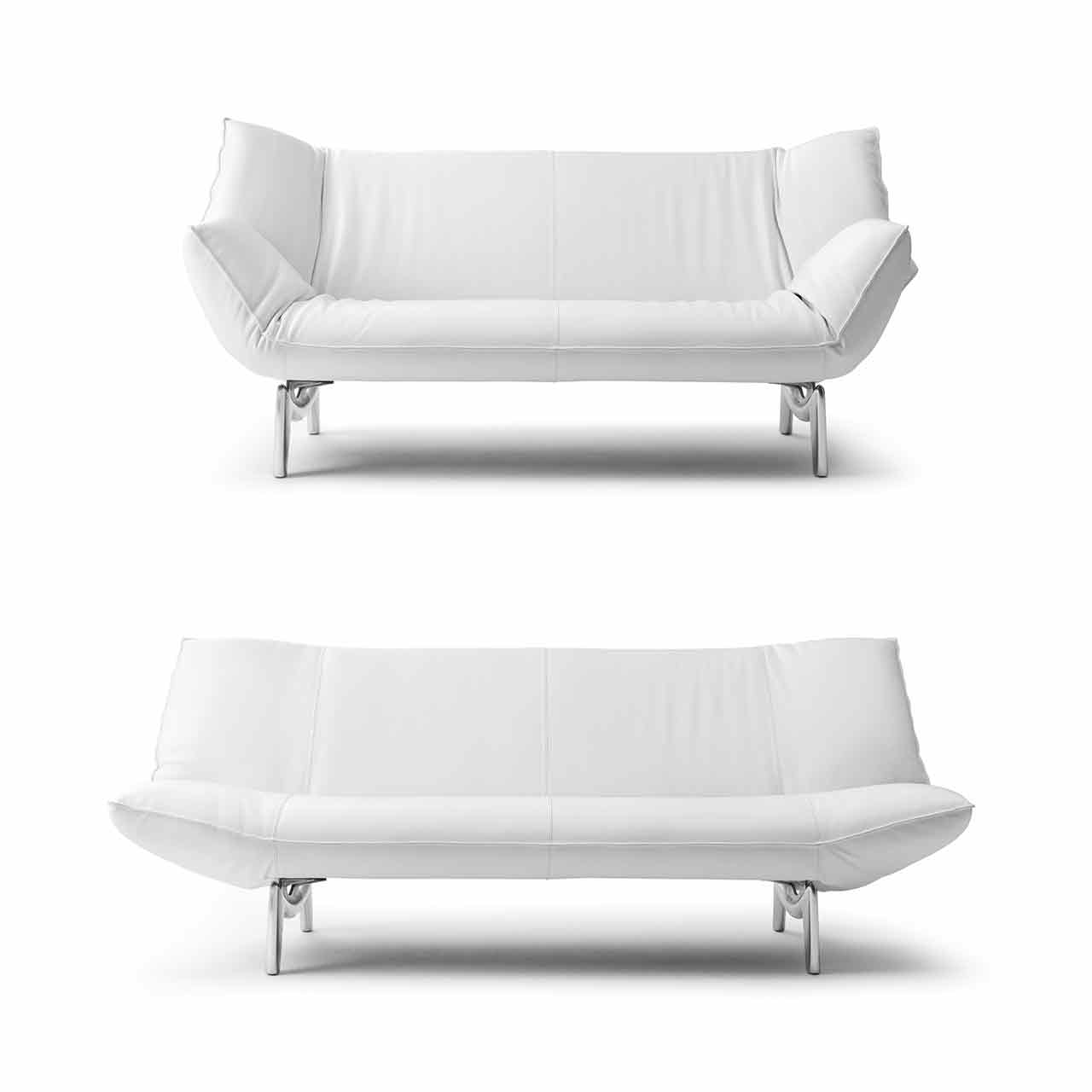 Sofa oben mit eingeklappten und unten mit ausgeklappten Armlehnen und Rückenseiten