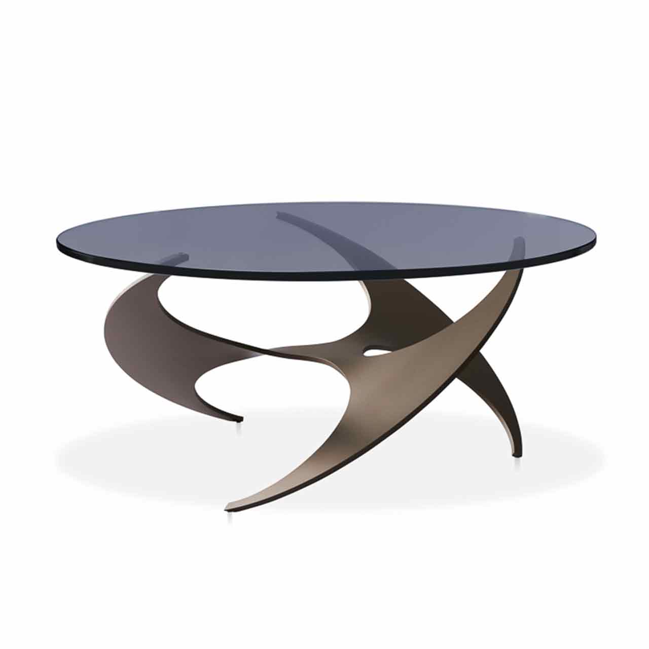 Ronald Schmitt – Couchtisch K9009 | Tischplatte Optiwhite Glas grau, Gestell Aluminium gepulvert Bronze Couchtisch mit runder grauer Glasplatte auf einem Propeller-förmigen bronzefarbenen Gestell