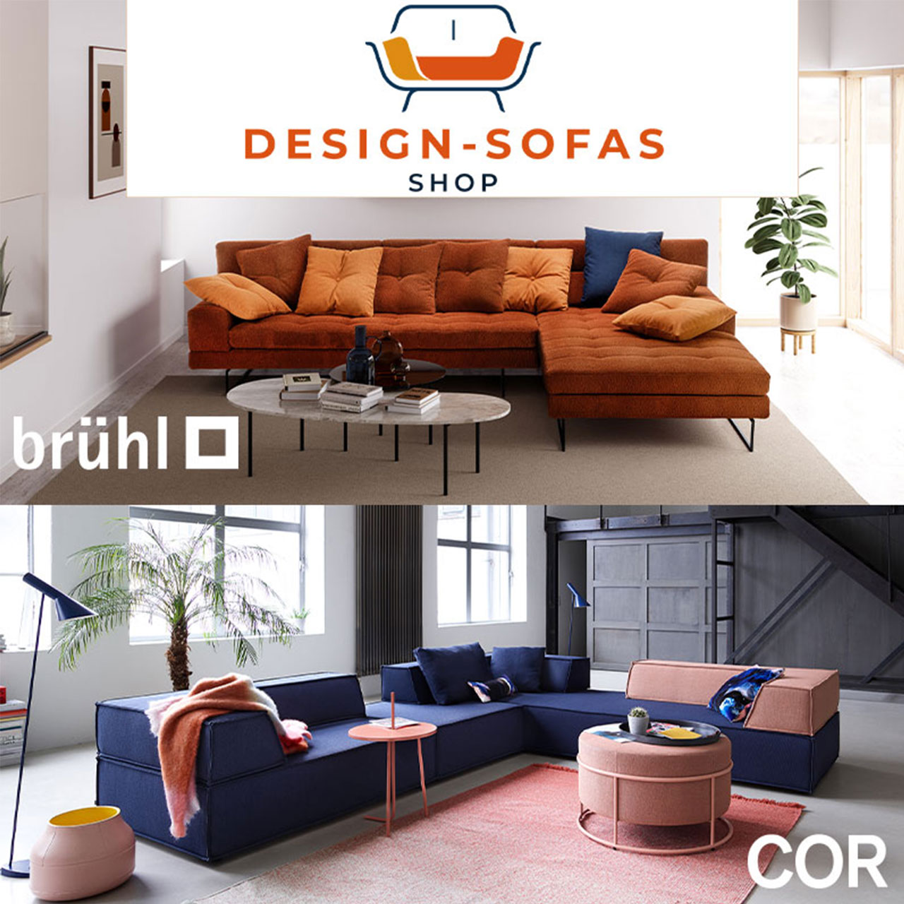 Zweigeteiltes Ambientebild. Rostbraunes Ecksofa mit brühl-Logo oben, blaues Ecksofa mit Logo COR unten.